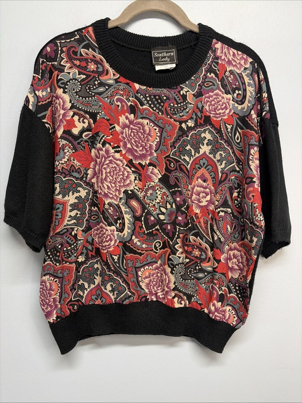 Vintage Southern Lady XL Short Sleeve Black Sweater - Mixed Material Floral